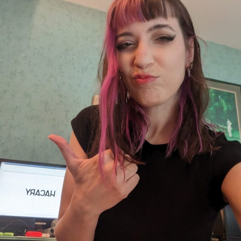 Moi la créatrice d'hacary devant l'ordinateur sur lequel est ouvert le logiciel de découpe pour flocage (on y voit le mot hacary en miroir)